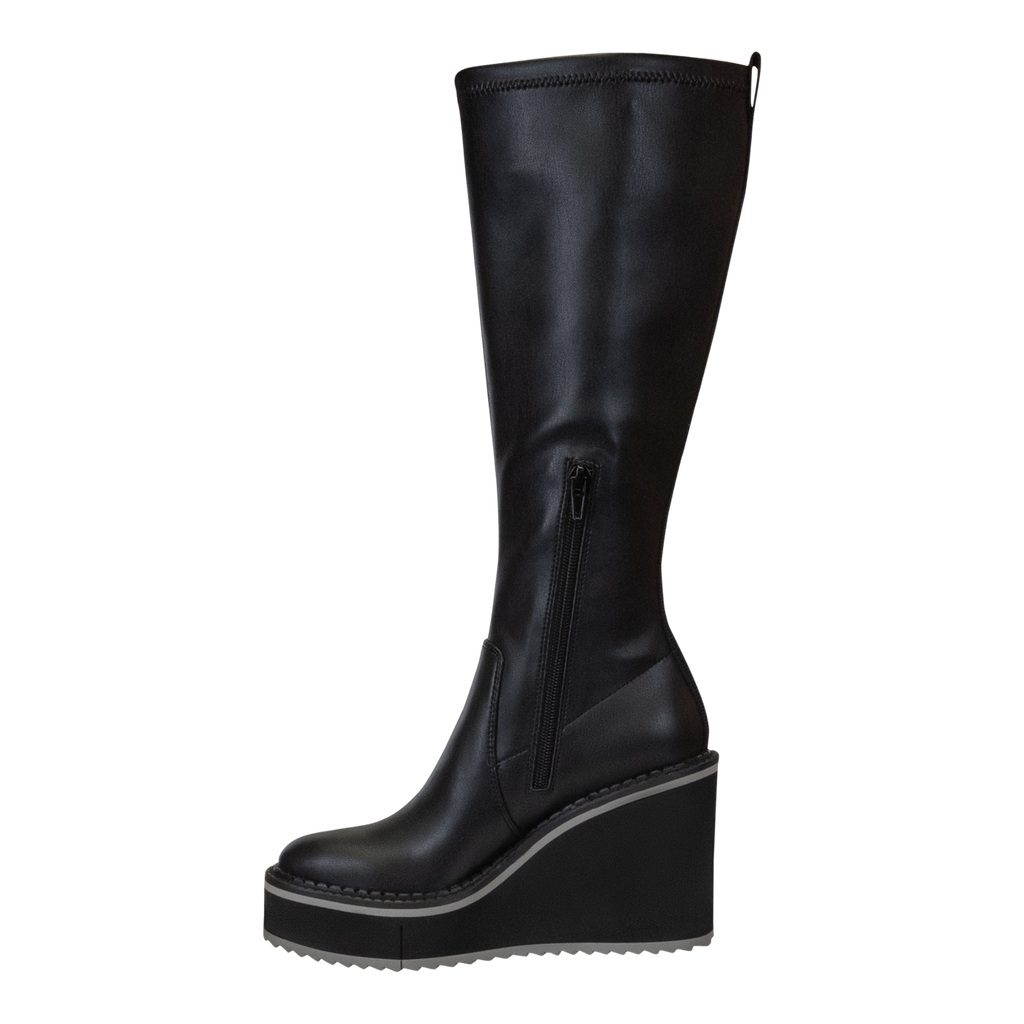 Black wedge knee high boots best sale