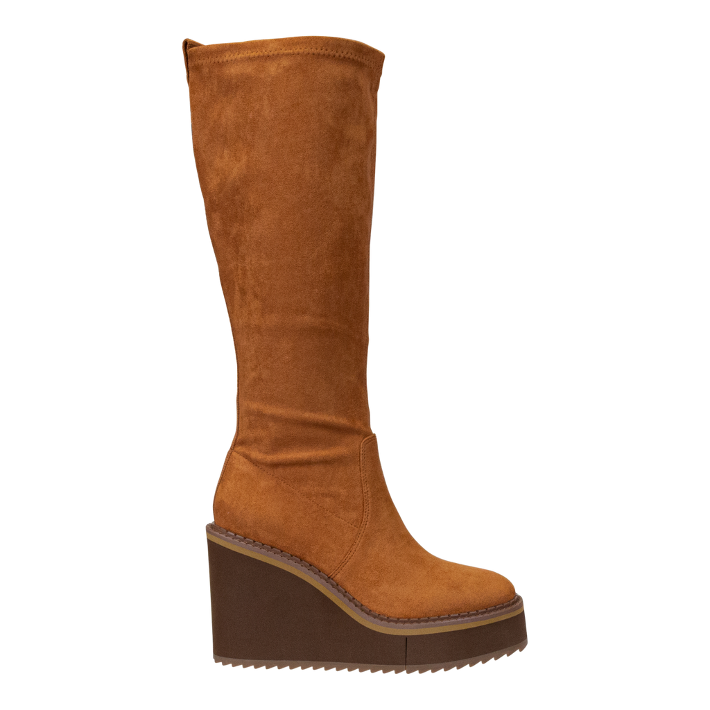 APEX in CAMEL Wedge Knee High Boots Nakedfeet Shoes