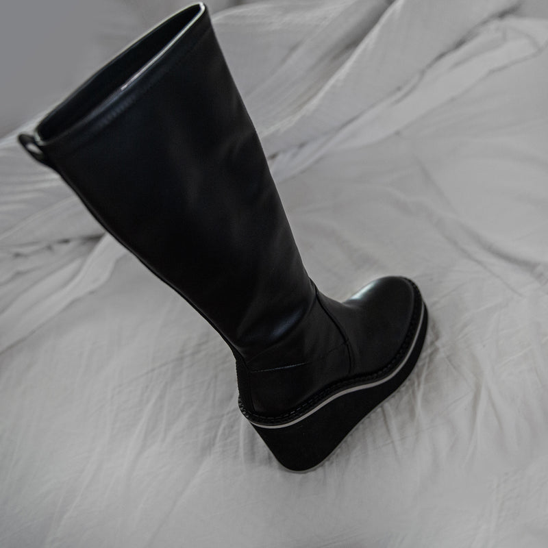 APEX in BLACK Wedge Knee High Boots