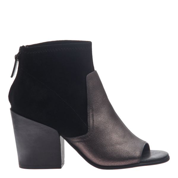 Naked Feet women's open toe booties in Beta Black Bronze side view 