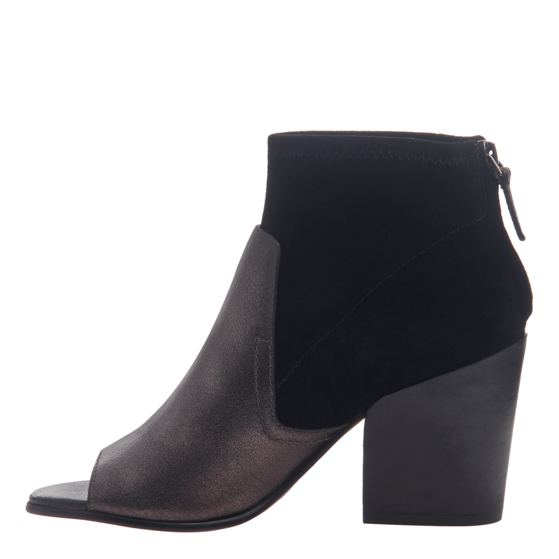 Naked Feet women's open toe booties in Beta Black Bronze side view 